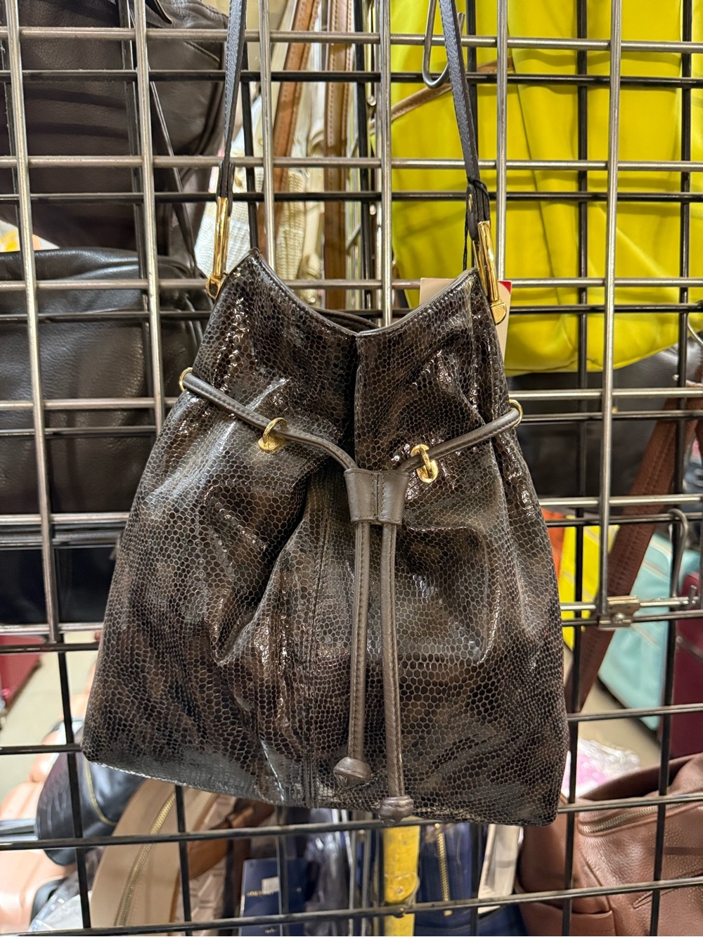 Pietro Alessandro Black Snake-Effect Drawstring Shoulder Bag with Gold Hardware